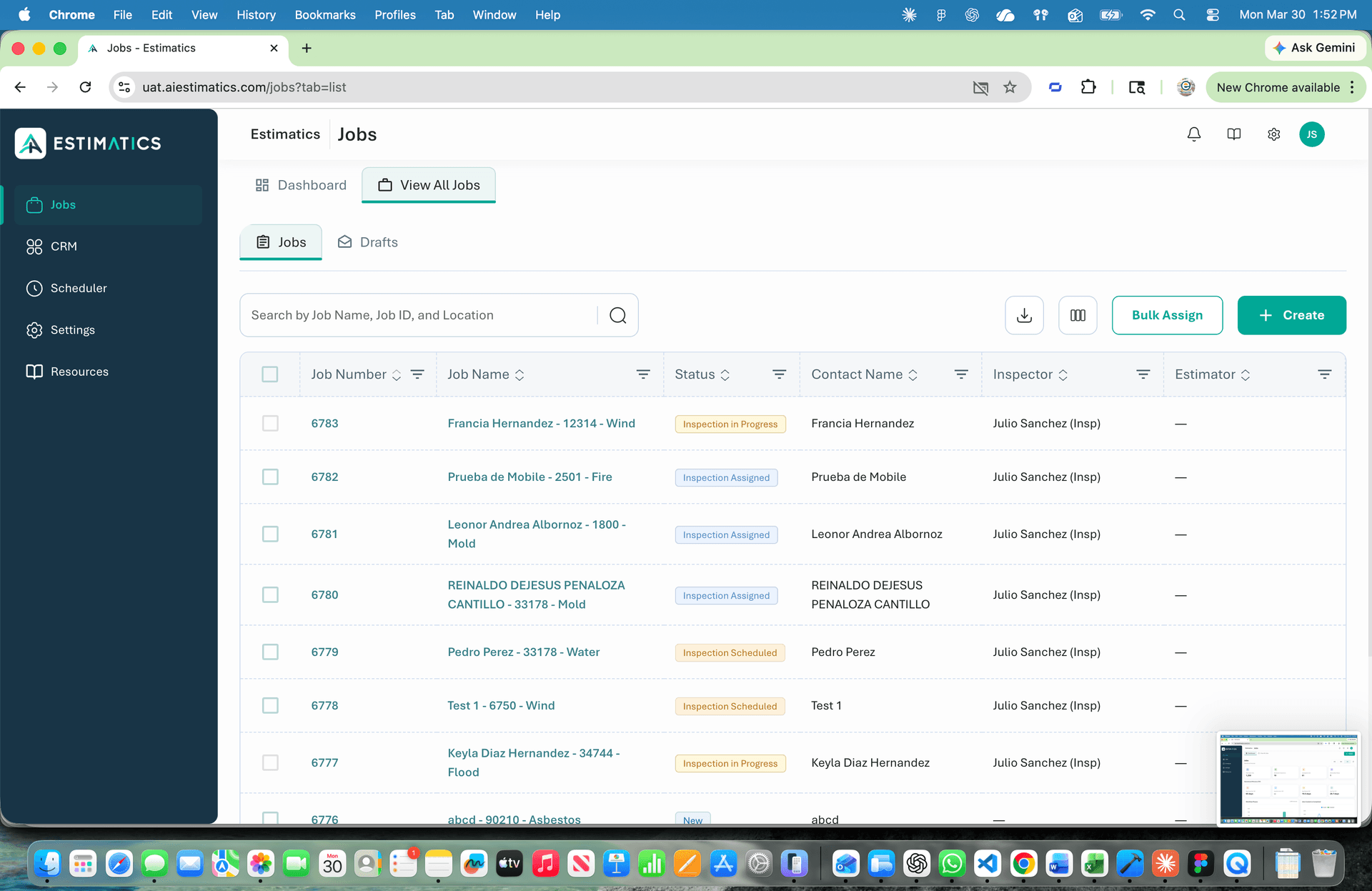 Estimatics web dashboard showing jobs list with status, inspectors, and estimators