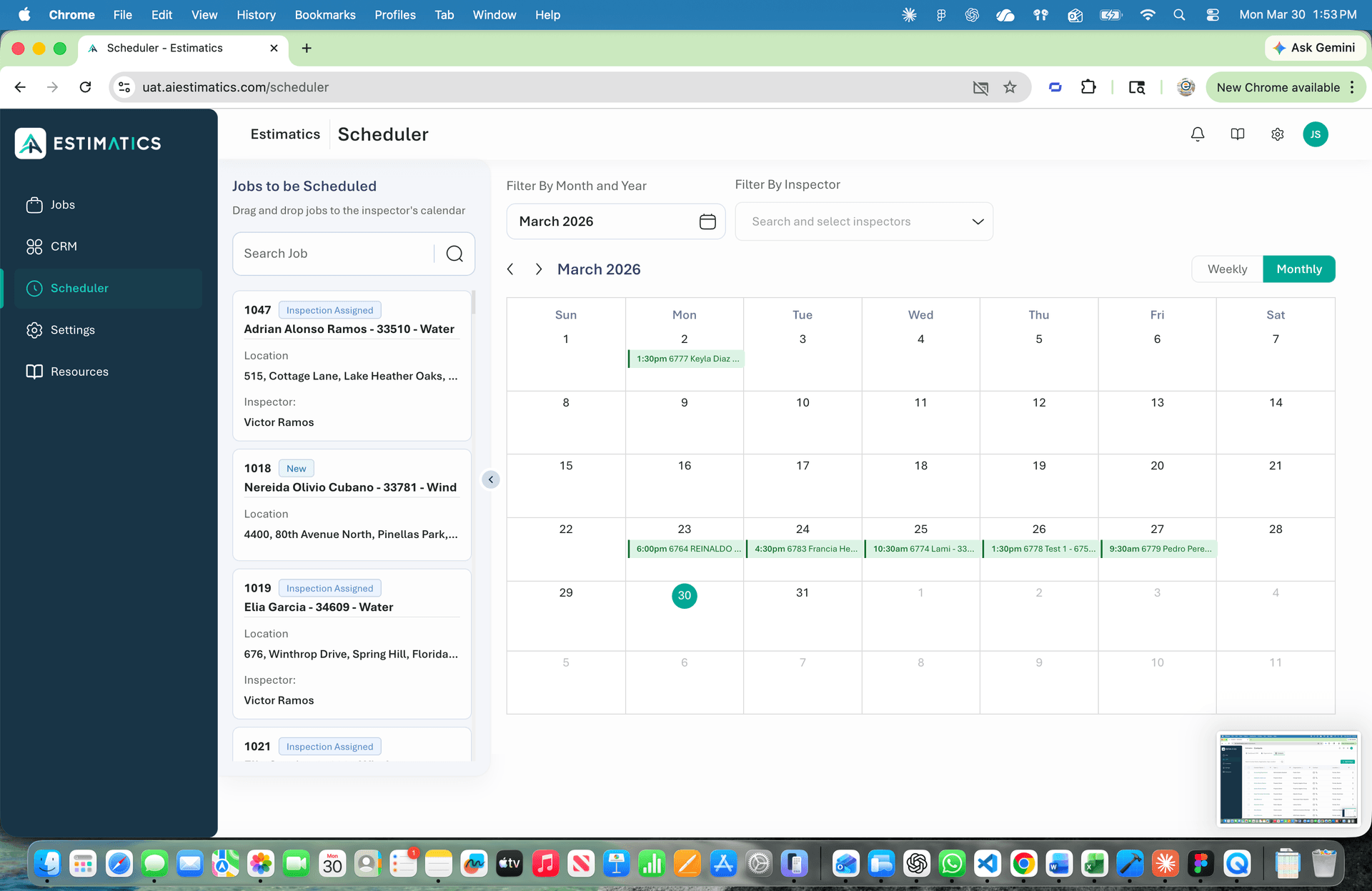 Estimatics scheduler showing calendar with scheduled inspections and drag-and-drop job management