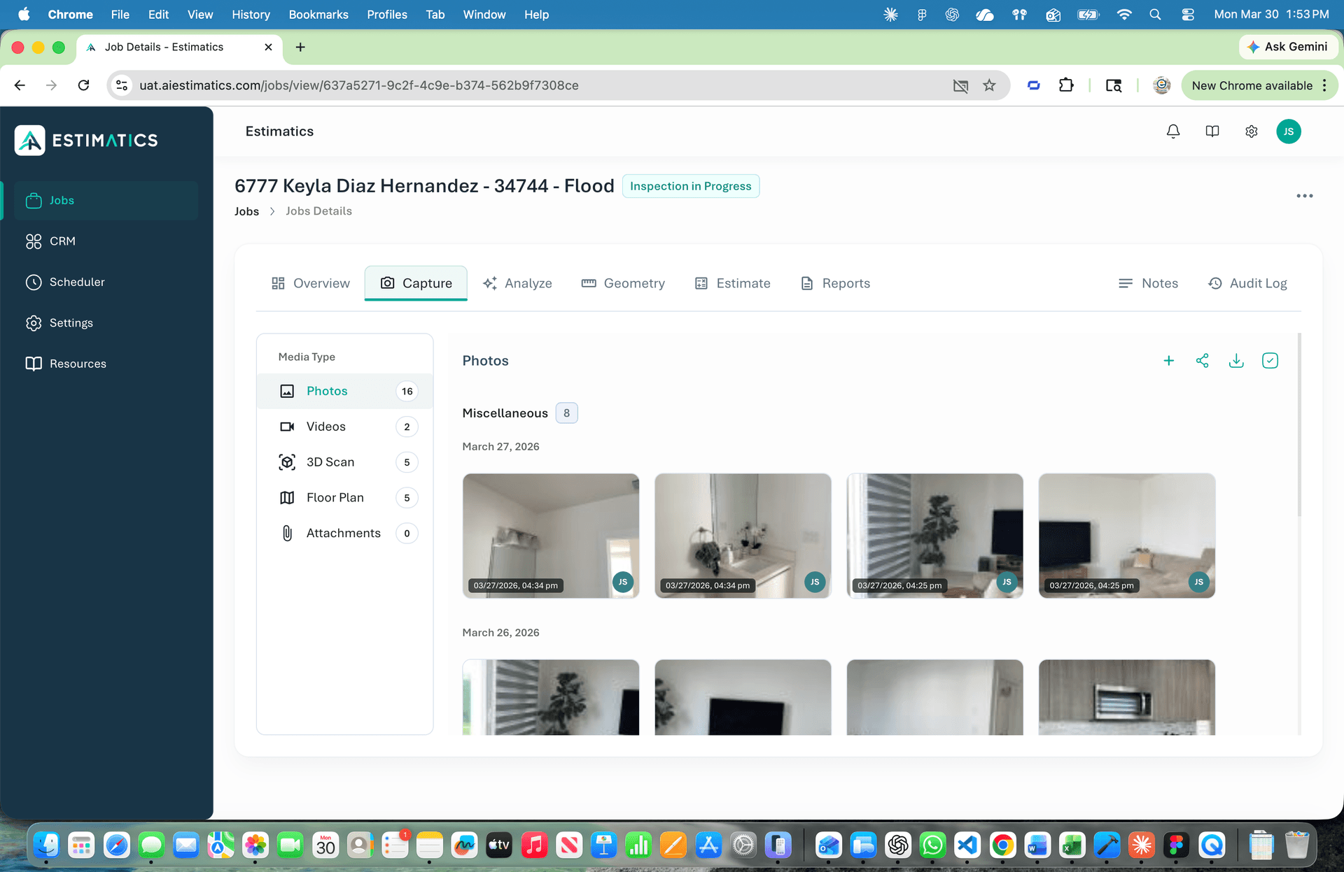 Estimatics web dashboard showing photo capture gallery organized by room with AI analysis